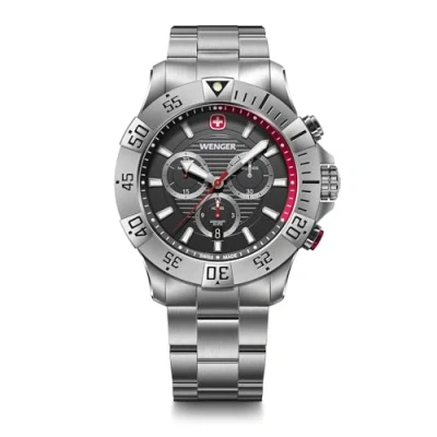 Imagen de Wenger Reloj de Hombre Seaforce Chrono Analógico Quarz, Chronograph, Ø 43 mm, Swiss Made, Resistente al Agua hasta 200 m, Negro/Rojo, Correa Acero Plata, 01.0643.123