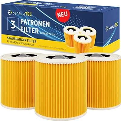 Imagen de SANAWATEC 3 filtros de cartucho compatibles para aspiradora Kärcher WD3 Premium WD2 WD1 MV3 MV2 WD 3P Extension Kit contra polvo fino / olores sustituye a 6.414 552.0, 772.0, 547.0