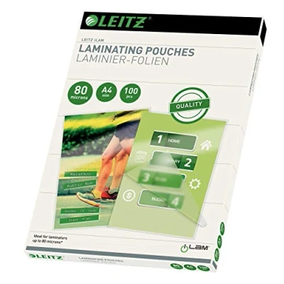Imagen de Leitz 33818 Pack de 100 Bolsas Plastificación iLam, Transparente Brillante, A4, 80 Micras Grosor, Adecuado para Oficina y Casa, con Acabado Profesional
