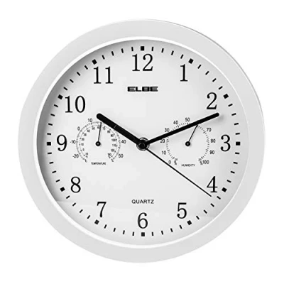 Imagen de ELBE RP 2005 B Reloj de pared con termómetro e higrómetro, mide temperatura y humedad, 25 cm diámetro, panel blanco marco blanco, funciona pilas, color