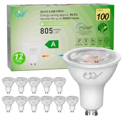 Imagen de GY GU10 led spot 4.5W bombilla gu10, Blanco Cálido 2700K 805 Lumen, equivalentes a 100W, ángulo de haz 36, bajo consumo,No Regulable,12 piezas