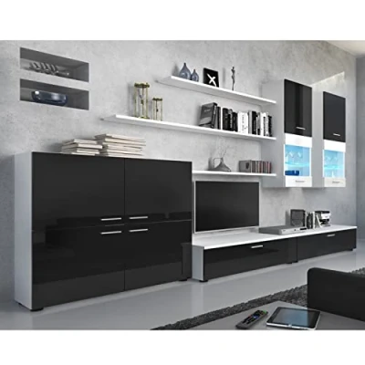 Imagen de Skraut Home Mueble para Salón 189 x 300 42 cm Sistema de Iluminación LED Modelo Beta Gran Capacidad Almacenaje Estilo Moderno Acabado Blanco/Negro