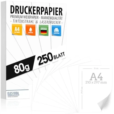 Imagen de 250 hojas de papel para impresora A4, 80 g, color blanco, DIN 21 x 29,7 cm, copia, láser e inyección tinta universidad, fotografía, presentaciones, manualidades, ideal