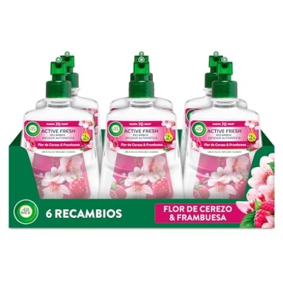 Imagen de Air Wick Active Fresh Spray Automatico Sin Aerosol Ambientador para casa con aroma a Flor de Cerezo &amp; Frambuesa Pack 6 Recambios (228mlx6)