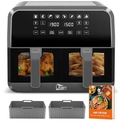 Imagen de Uten Freidora de Aire Doble Cesta 8L, 1700W Air Fryer con ventana visualización, 2 Almohadillas Silicona, 114 Recetas, sin Aceite Función SYNC, 8 en 1, Recordatorio Agitación
