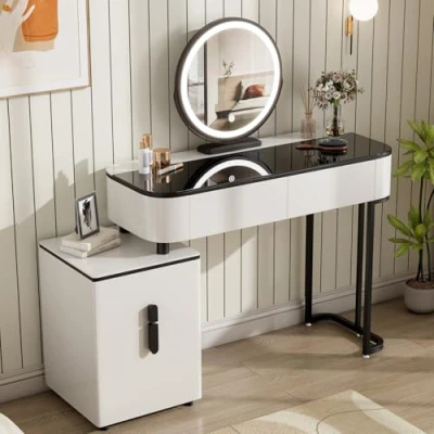 Imagen de WOLTU Tocador con Luz LED Ajustable y Espejo, Maquillaje Tablero de Vidrio Reforzado Cajonera, Montaje Flexible, 100x40 cm, Mesa Madera Metal, Blanco+Negro, MB6110wsz