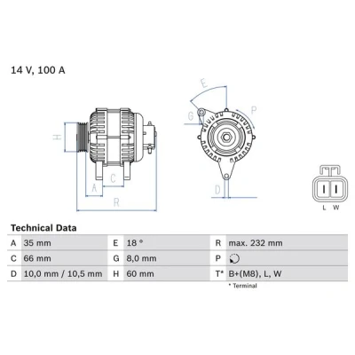Imagen de BOSCH 0 986 048 340 Alternador 14V 100A OPEL: Corsa C Hatchback, Combo Tour, Meriva A