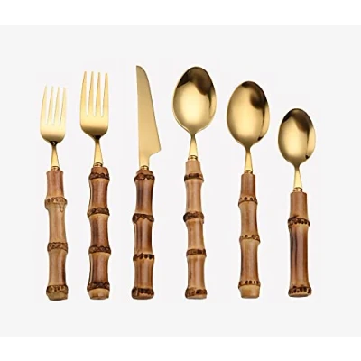 Imagen de 6 piezas de acero inoxidable cocina cubiertos postre cuchillo, tenedor y cuchara, mango bambú (dorado)