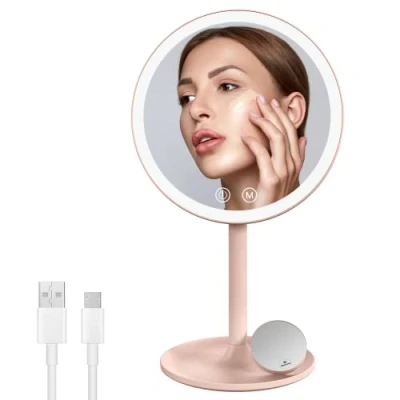 Imagen de EMKE Espejo de Maquillaje con iluminación, LED 3 Colores luz, práctico Aumento 1/3x, Brillo Regulable e Interruptor táctil (Rosa)