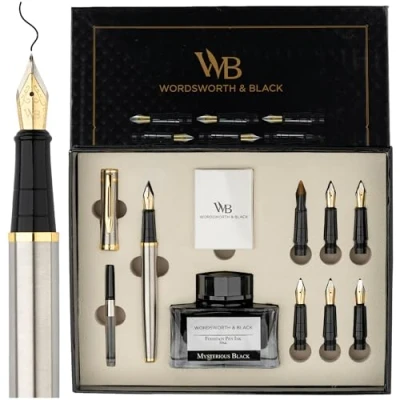 Imagen de Wordsworth &amp; Black Juego de bolígrafos caligrafía Oro plateado Incluye botella tinta 50 ML, 6 cartuchos tinta, convertidor recarga y puntas repuesto