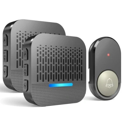 Imagen de SURFOU Timbre Inalámbrico Exterior Impermeable con Batería 300M de Distancia e 2 Enchufe Receptores para Casa 55 Tonos Incluidos Navidad 5 Niveles Volumen Indicador LED