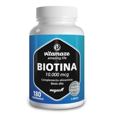 Imagen de Vitamaze® Biotina 10.000 mcg, 6 Meses de Alta Dosis, con 180 Comprimidos Veganos, Vitaminas Para el pelo 10 mg Cabello, Piel y Uñas.