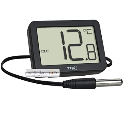 Imagen de TFA Dostmann Termómetro digital para interiores y exteriores, 30.1066.01, incluye sensor de temperatura impermeable, valores máximos mínimos, con imán/soporte, color negro batería