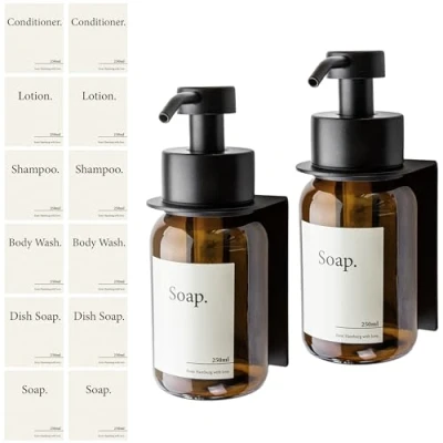 Imagen de Design Hamburgo Dispensador de Jabón Cristal Dosificador Acero Inoxidable Jabón, Gel y Champu (2, Negro Negro, con Soporte)