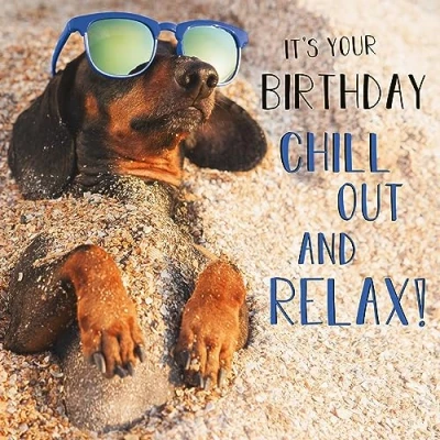 Imagen de Abacus Cards Tarjeta de cumpleaños masculina/femenina divertida general para hombres y mujeres &#039;Chill Out and Relax&#039; perro salchicha en la playa Ecológica reciclable Fabricado el