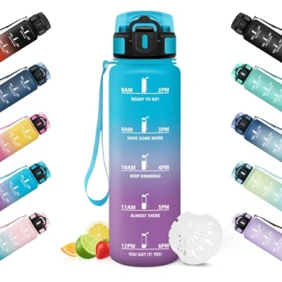 Imagen de HoneyHolly Botella Agua, 1L, Marcador de Tiempo, Portátil, Cantimplora, Reutilizable, Agua Gimnasio, A Prueba Fugas, Cantimplora para Ciclismo, Oficina y Exteriores