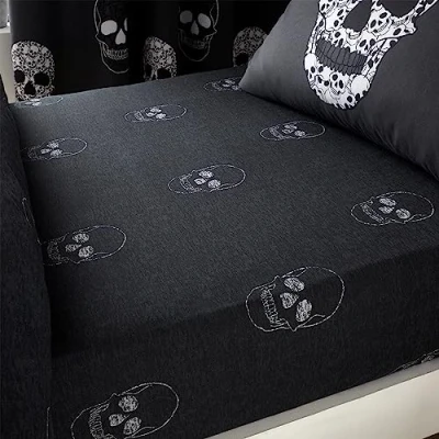 Imagen de Catherine Lansfield Skulls Sábana Bajera Ajustable para Cama Individual, Color Gris