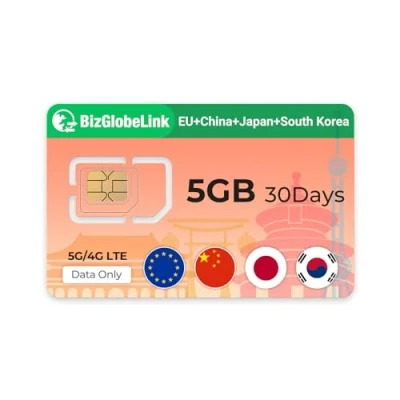 Imagen de EIOTCLUB BizGlobeLink Tarjeta SIM prepaga para viajes, uso internacional en China, Japón y Corea del Sur, solo datos, 5G/4G LTE, sin contrato, recargable, teléfonos móviles, routers wifi