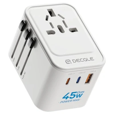 Imagen de decqle Adaptador Enchufe Universal, de Viaje con 2 USB C(GAN 45W) y 1 A, Universal para EU, Reino Unido, Americano, Canadá, Australia&amp; 224+País(Blanco)