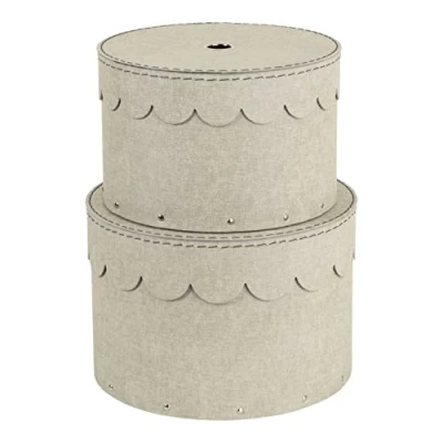 Imagen de Bigso Box of Sweden Juego de 2 Cajas redondas con tapa organizadoras para ropa, juguetes, etc. almacenaje decorativas tablero fibras y papel aspecto lino beige