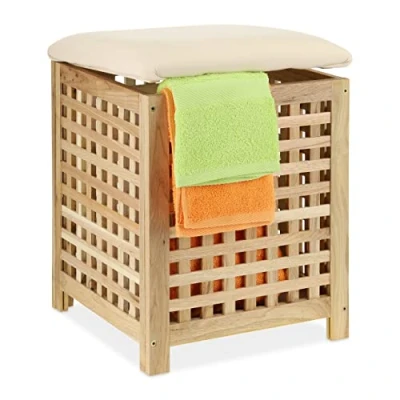 Imagen de Relaxdays Cesta de Ropa Sucia con Asiento, Taburete Baño Almacenaje, Madera Nogal, 45 L, 50 x 39 cm, Natural, Gomaespuma