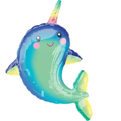 Imagen de Amscan 3847701 globo foil SuperShape Happy Narwhal, diámetro aprox. 73 x 99 cm, cumpleaños, decoración, de helio