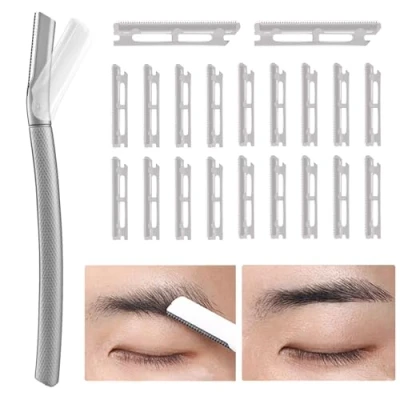 Imagen de HOSPAOP Maquinilla de afeitar para cejas con 21 cuchillas afeitar, depiladora facial mujeres, afeitadora cejas, reutilizable mujer, color plateado