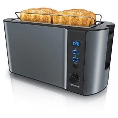 Imagen de Arendo Tostadora 4 rebanadas con ranuras largas 6 niveles Pantalla indicadora Descongelación y calentamiento Soporte panecillos Bandeja de migas Doble pared Acero inoxidable