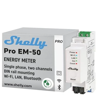 Imagen de Shelly Pro EM 50A, Medidor De energía Wi Fi y Bluetooth,LAN con Control Contactores Medición Consumo Contactos Secos, Automatización Del Hogar, Compatible Alexa Google Home