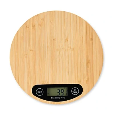 Imagen de Relaxdays Báscula Cocina Digital Bambú, Balanza Tara Pantalla LCD, hasta 5 kg, Pesa Alimentos Redonda, Ø 20 cm, Natural