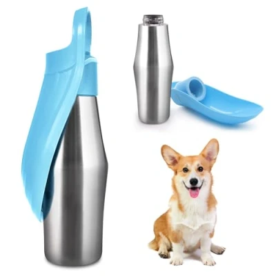 Imagen de botella de agua para perros, 750 ml, acero inoxidable, plegable 180, portátil caminar, parques, camping (azul, A)