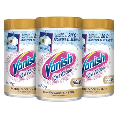 Imagen de Vanish Oxi Action Gold Quitamanchas multibeneficio, blanqueador y potenciador del lavado, para ropa blanca, En Polvo, sin lejía Pack 4,35kg (3x1450gr)