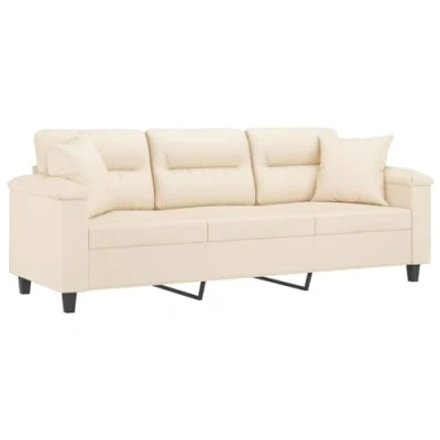Imagen de vidaXL Sofá de 3 Plazas con Cojines, Asiento Reposabrazos, Tapizado Televisión, para Salón, Tela Microfibra Beige