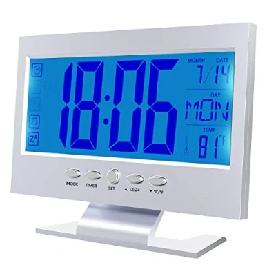 Imagen de Nicoone reloj despertador digital LED, calendario de repetición, visualización temperatura, activado por sonido, funciona con 2 pilas AAA (no incluidas), color plateado
