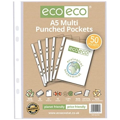 Imagen de eco eco132 Protector de hojas A5 100% reciclado multiperforado, transparente, 45 micras (50 bolsillos), transparente