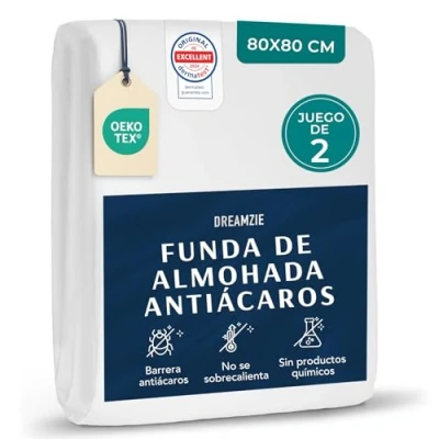 Imagen de Dreamzie Juego de 2 Funda Almohada Antiacaros Protector 80x80 cm Transpirables y Lavables a 95C