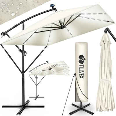 Imagen de tillvex® sombrilla rectangular de aluminio, diámetro 330 cm, con LED solar + cubierta manivela, soporte y protección contra el viento, UV, impermeable, giratoria 360,
