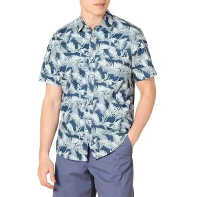Imagen de Amazon Essentials Camisa de Corte Ceñido con Mangas Cortas, Botones y Estampado Hombre, Azul Agua Marino Hoja Palmera, S