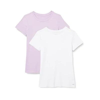 Imagen de Amazon Essentials Camiseta técnica elástica de Manga Corta y Cuello Redondo (Disponible en Tallas Grandes) Mujer, Pack 2, Blanco Brillante/Lila, S