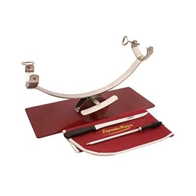 Imagen de Soporte jamonero New Generation basculante con herraje Inoxidable y base de acero color cerezo mas set corte, chuchillo jamonero, chaira cubre jamón burdeos