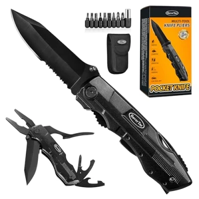 Imagen de RoverTac Multi Tool Navaja de Bolsillo Plegable Multiherramienta, Cuchillo Supervivencia para Camping, Multiherramienta con Alicates Abrebotellas y Abrelatas Paquete 9 Destornilladores