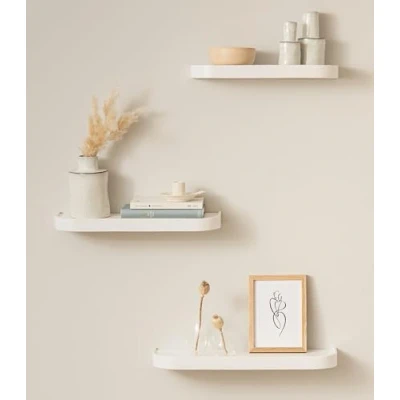 Imagen de Kazai.® Estantería Pared Set &#039;Neva&#039; 3 Baldas Flotantes en Chapa de Madera Natural Estante para Decoración y Almacenamiento Baño, Cocina, Sala, Dormitorio Más Blanco
