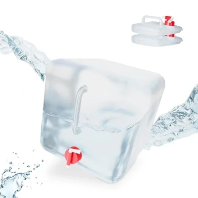 Imagen de Relaxdays Pack 3 Bidones Plegables, 20 L, Garrafas Agua, Grifo, Depósitos Líquidos Camping, sin BPA, Transparente/Rojo