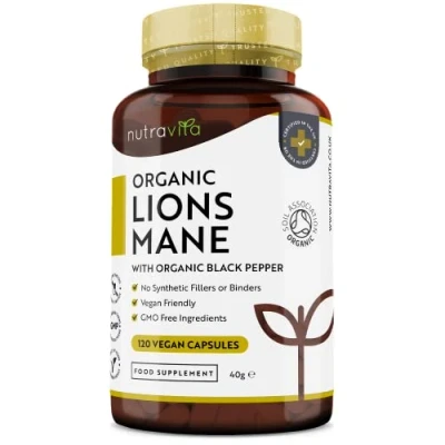 Imagen de 120 Cápsulas de Seta Melena León Orgánica 1500mg con Pimienta Negra Suplemento Yamabushitake Veganas, Sin Aglutinantes ni Rellenos Sintéticos Hecho por Nutravita