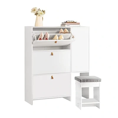 Imagen de SoBuy FSR107 W Zapatero 3 Solapas,1 Puerta y 1 Taburete Armario de Entrada 95 x 30 121 cm Blanco ES