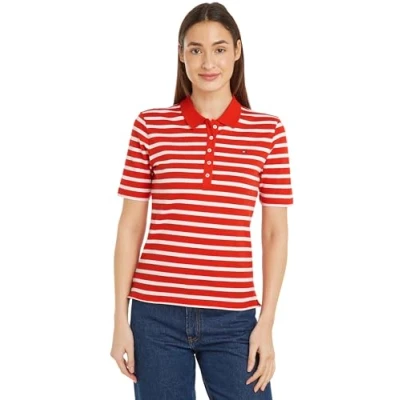 Imagen de Tommy Hilfiger Polo de Manga Corta para Mujer 1985 Pique Stripe Regular Fit, Multicolor (Breton Fierce Red/Ecru), S