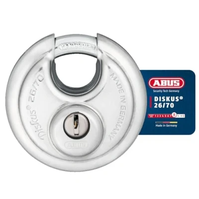 Imagen de ABUS Candado Discus 26/70 resistente a la intemperie con taladro y cilindro protegido contra tirones nivel de seguridad 8 plata
