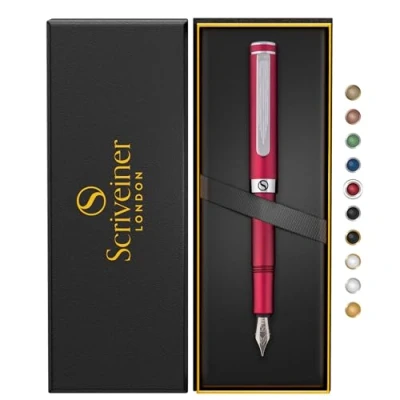 Imagen de Scriveiner Pluma Estilográfica EDC Lujosa (Fina), Magnífica de Bolsillo Rojo Mate con Acabado Cromado, Plumín Alemán Schmidt, Convertidor, Set Regalo Diseño para Hombre y Mujer