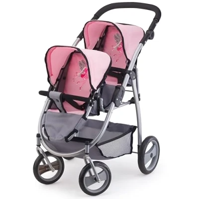 Imagen de Bayer Design 26508Aa, Carrito Doble Para Muñecas, Comruedas Delanteras Giratorias, Color Gris, Rosa