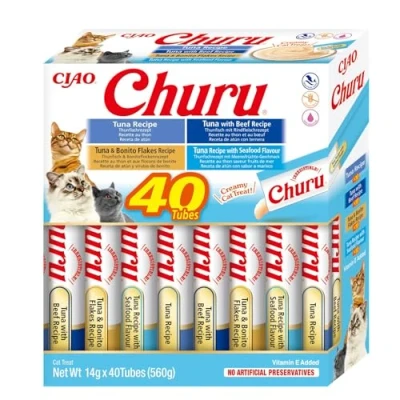 Imagen de INABA Churu Premios Puré para Gatos 4 Sabores de Atún Deliciosos Snacks Felinos Textura Blanda y Cremosa Ideal Adiestramiento 40 Tubos x 14g